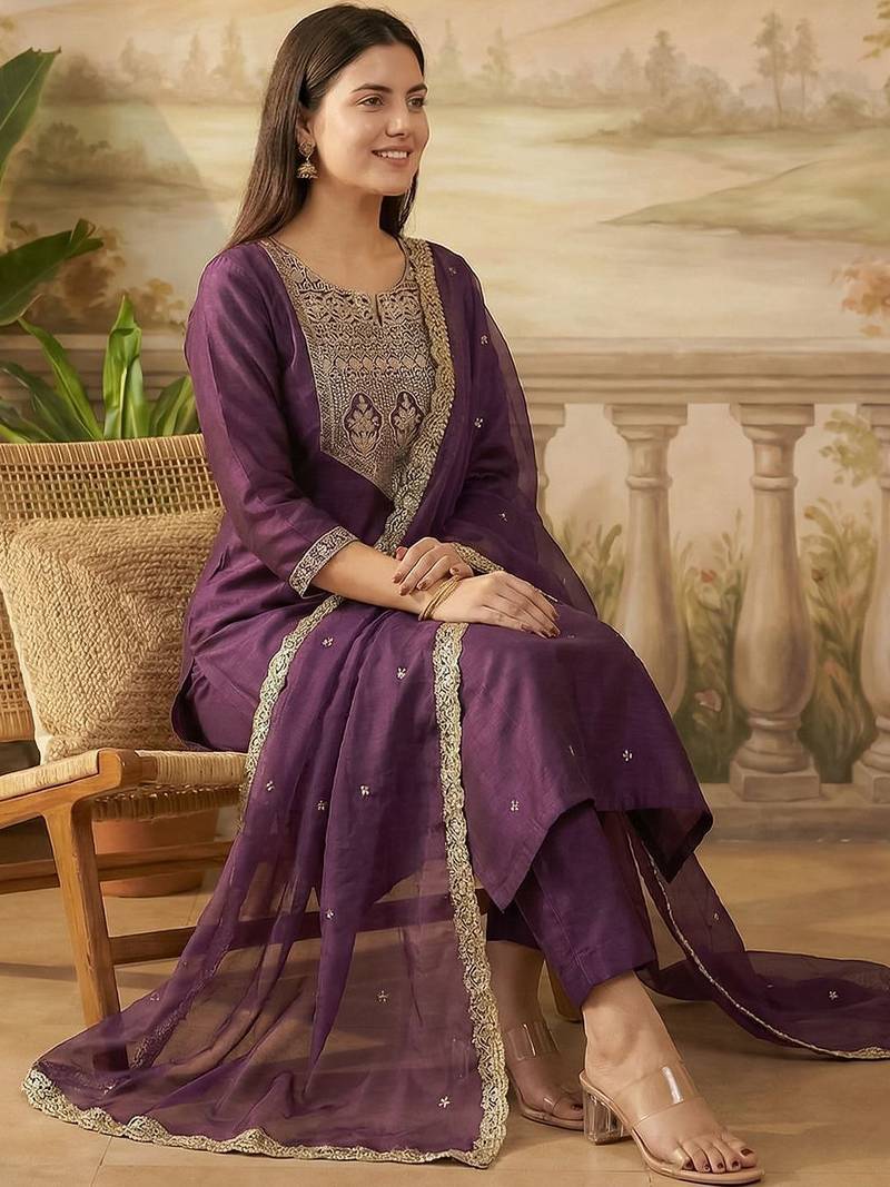Women Ethnic Motifs Embroidered Regular Sequinned Liva Kurta with Trousers & With Dupatta