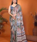Multicolor pure linen printed saree with blouse
