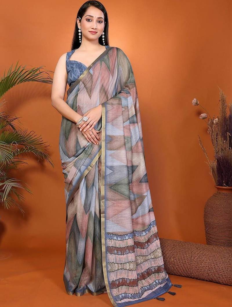 Multicolor pure linen printed saree with blouse