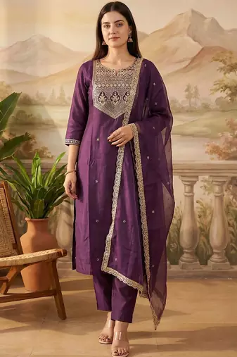 Women Ethnic Motifs Embroidered Regular Sequinned Liva Kurta with Trousers & With Dupatta