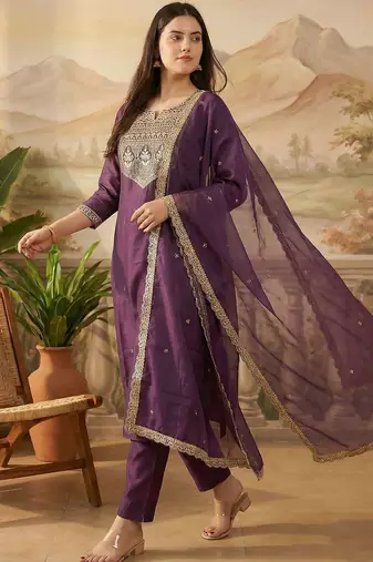 Women Ethnic Motifs Embroidered Regular Sequinned Liva Kurta with Trousers & With Dupatta