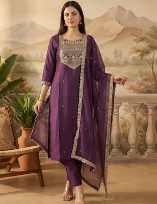 Women Ethnic Motifs Embroidered Regular Sequinned Liva Kurta with Trousers & With Dupatta 4