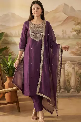 Women Ethnic Motifs Embroidered Regular Sequinned Liva Kurta with Trousers & With Dupatta