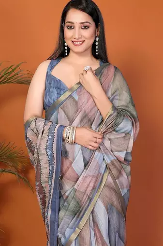 Multicolor pure linen printed saree with blouse