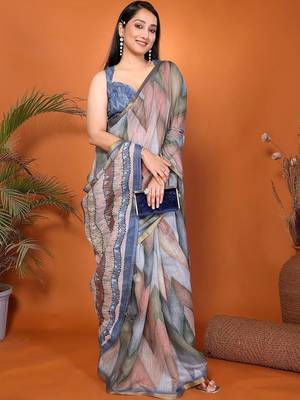 Multicolor pure linen printed saree with blouse 3