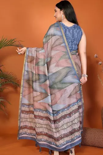 Multicolor pure linen printed saree with blouse