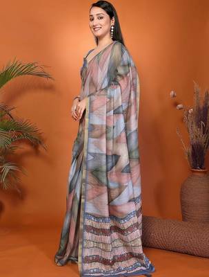 Multicolor pure linen printed saree with blouse 5