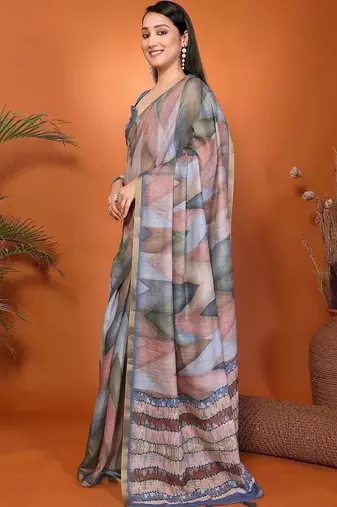 Multicolor pure linen printed saree with blouse