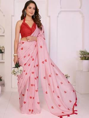 Pink linen printed saree with blouse 1