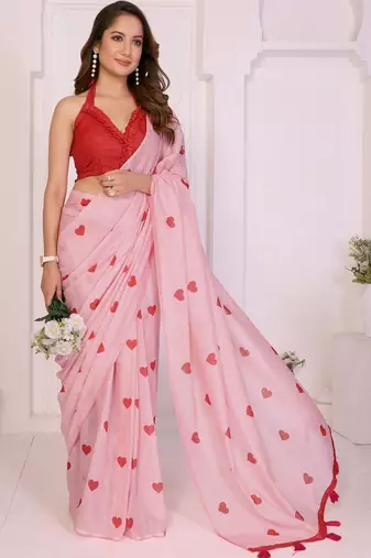 Pink linen printed saree with blouse