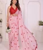 Pink linen printed saree with blouse