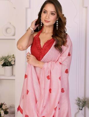 Pink linen printed saree with blouse 2