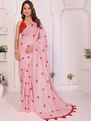 Pink linen printed saree with blouse 3