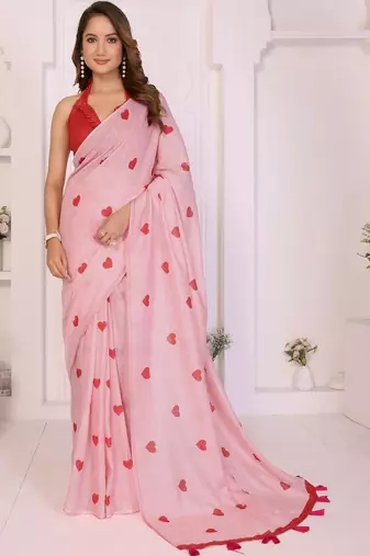 Pink linen printed saree with blouse
