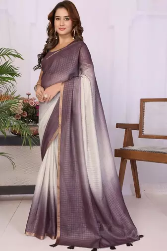 Purple linen checked saree with blouse