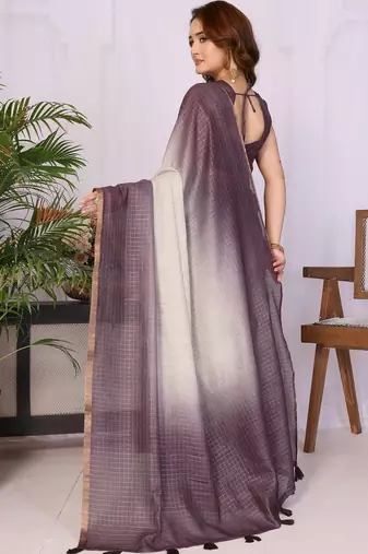 Purple linen checked saree with blouse