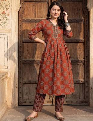 Women Ethnic Motifs Printed Empire Sequinned Pure Cotton Kurta with Trousers 1