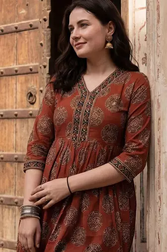 Women Ethnic Motifs Printed Empire Sequinned Pure Cotton Kurta with Trousers