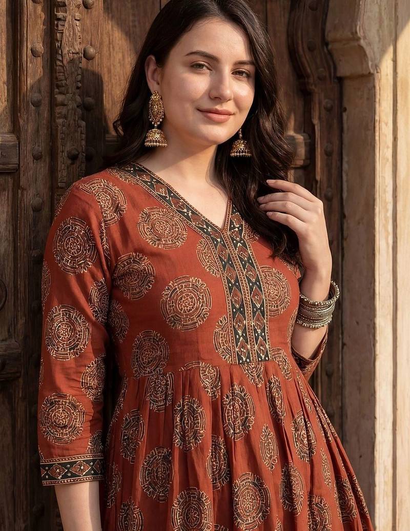 Women Ethnic Motifs Printed Empire Sequinned Pure Cotton Kurta with Trousers