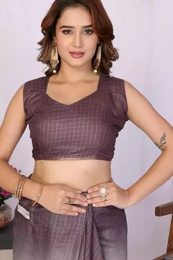 Purple linen checked saree with blouse