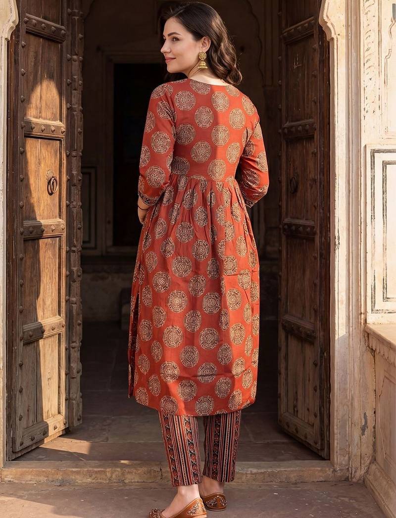 Women Ethnic Motifs Printed Empire Sequinned Pure Cotton Kurta with Trousers