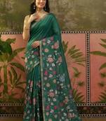 Green linen printed saree with blouse