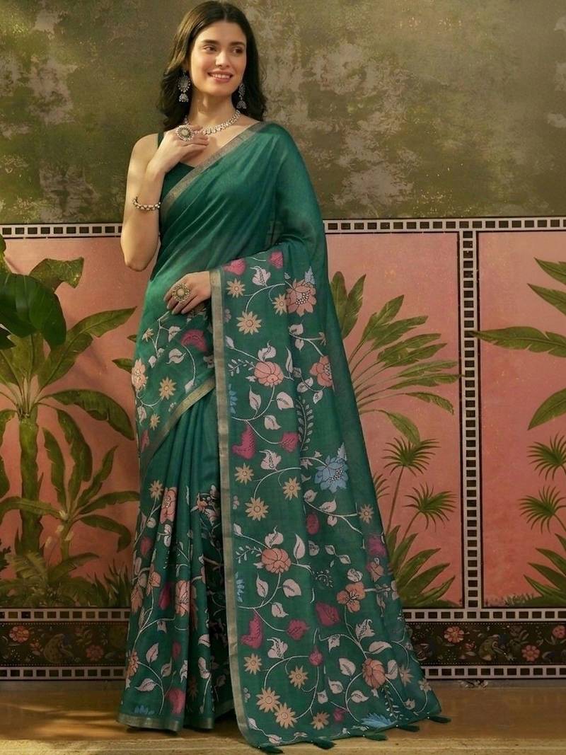 Green linen printed saree with blouse