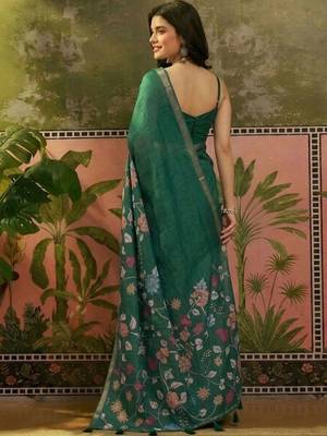 Green linen printed saree with blouse 2