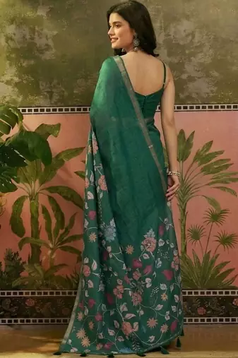 Green linen printed saree with blouse