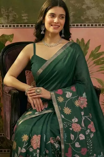 Green linen printed saree with blouse