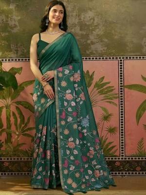 Green linen printed saree with blouse 4