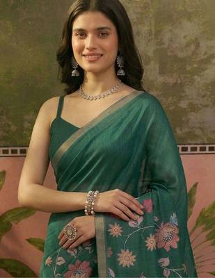 Green linen printed saree with blouse 5
