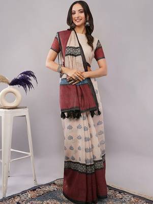 Off white pure linen printed saree with blouse 1