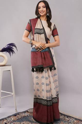 Off white pure linen printed saree with blouse