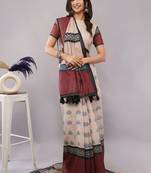 Off white pure linen printed saree with blouse