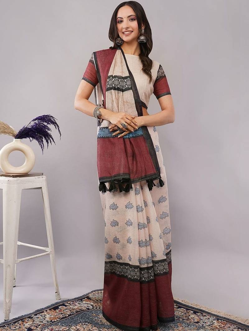 Off white pure linen printed saree with blouse