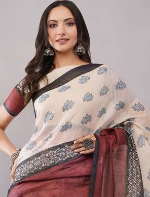 Off white pure linen printed saree with blouse 2