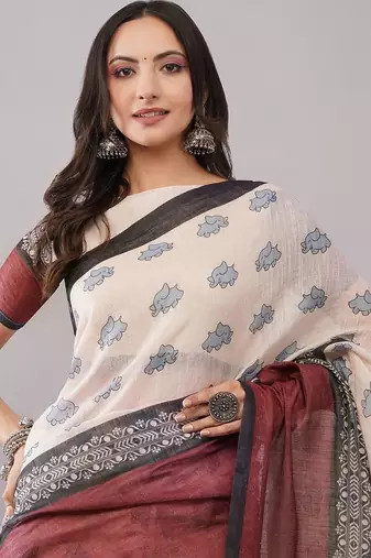 Off white pure linen printed saree with blouse