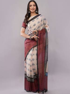 Off white pure linen printed saree with blouse 3