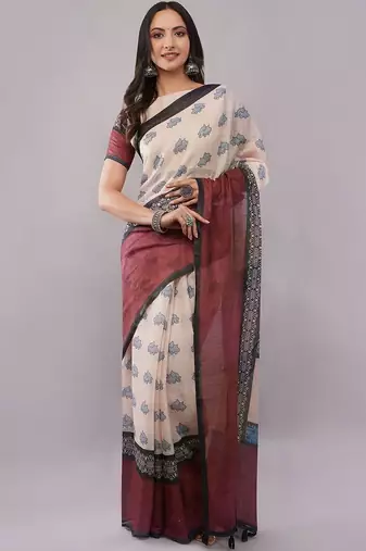 Off white pure linen printed saree with blouse