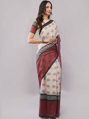 Off white pure linen printed saree with blouse 4