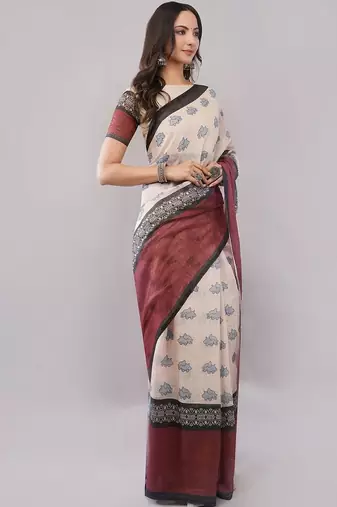 Off white pure linen printed saree with blouse