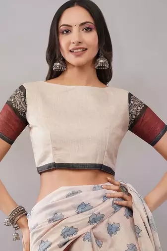 Off white pure linen printed saree with blouse