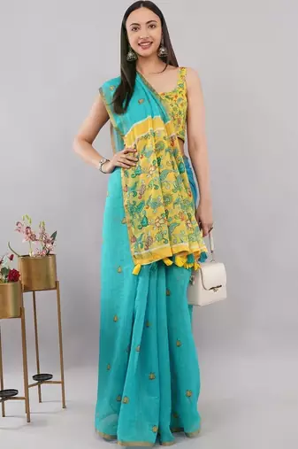 Turquoise linen printed saree with blouse