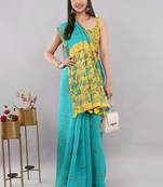 Turquoise linen printed saree with blouse