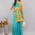 Turquoise linen printed saree with blouse