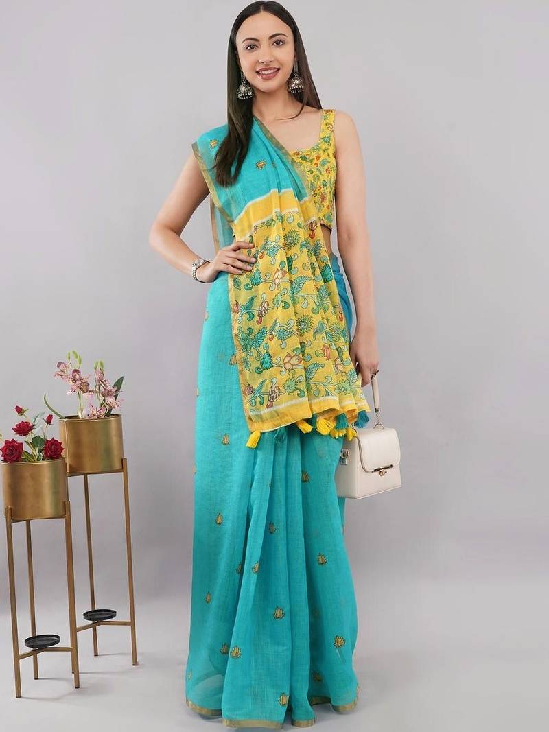 Turquoise linen printed saree with blouse