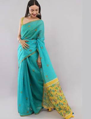 Turquoise linen printed saree with blouse 2