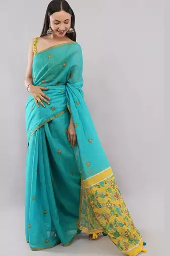 Turquoise linen printed saree with blouse