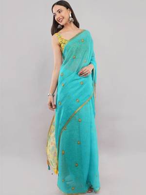 Turquoise linen printed saree with blouse 3